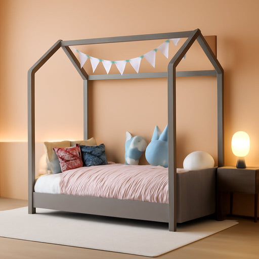 Twin Velvet Playhouse BedFrame NoBoxSpring Grey Finish