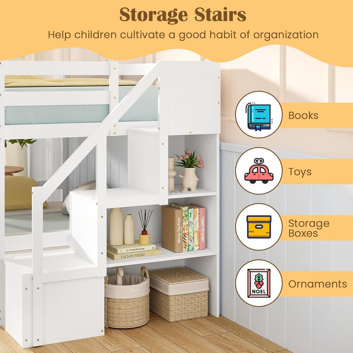 Twin over Twin Bunk Bed with Stairs, Solid Wood Floor Bunk Bed with Storage Staircase & Full-Length Guardrails, Low Bunk Bed with for Kids, Teens, Adults, Dorm, Small Space, White