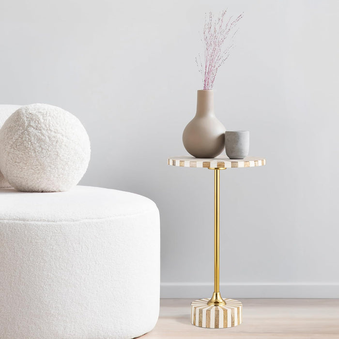 END1004A Calix 23.5" Contemporary Minimalist Metal/Resin round End Table, Light Brown/White Drink Table for Living Room, Bedroom, Office, Bathroom