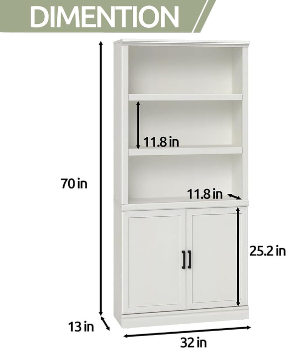5 Shelf Tall Bookcase with Doors White Bookshelf 31In Wide Display Standing Storage Shelf 72In Tall Wood Book Shelves for Bedroom Living Room Office Library