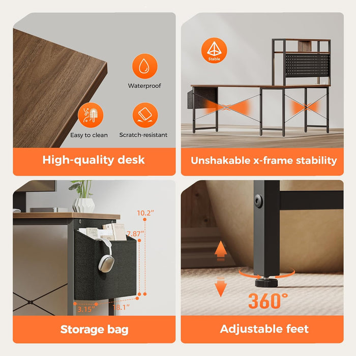 50 Inch Large L Shaped Desk with Pegboard Hutch & Shelves, Corner Gaming Desk with Power Outlet, LED Light & Storage Bag, Reversible Computer Desk for Home, Bedroom, Office Workspace, Walnut