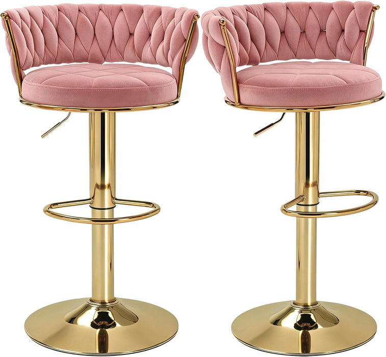 Bar Stools Set of 2, Adjustable Barstools Counter Height Stools with Back and Arm, Velvet Woven Kitchen Island Stools W/Gold Metal Leg Base, 360° Swivel Bar Chair, Pink
