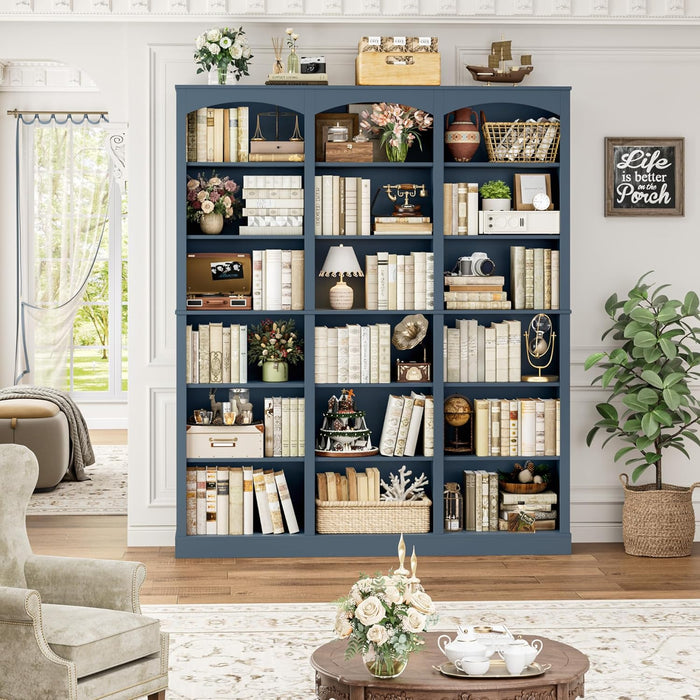 71" Triple Wide Bookshelf, 6 Tier Tall Bookshelf, Large Arched Bookcase with Curved Baffle, 63.4" Wide Book Shelf with 18 Open Display Shelves for Living Room, Study, Blue