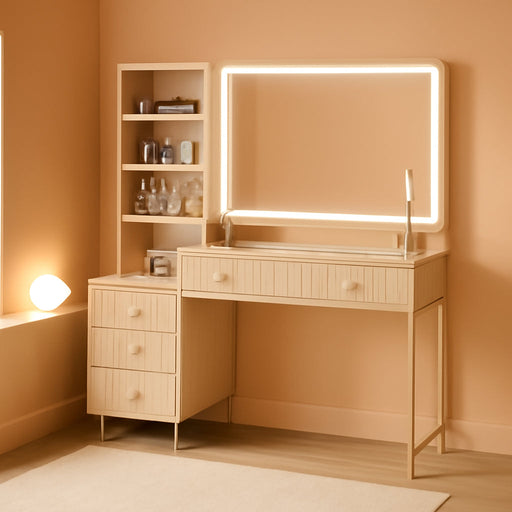 44 Inch Oak Vanity Desk With Lighted Mirror And Power Outlet