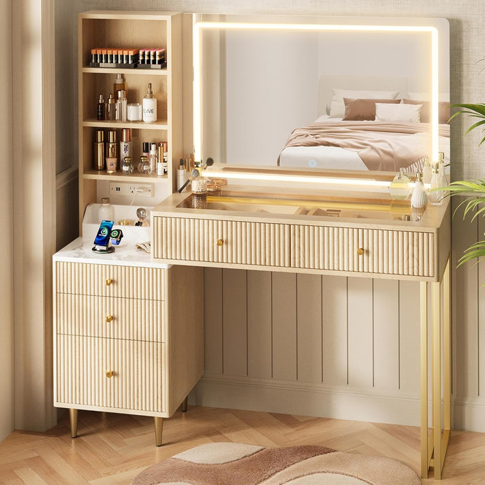 44 Inch Oak Vanity Desk With Lighted Mirror And Power Outlet