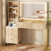 44 Inch Oak Vanity Desk With Lighted Mirror And Power Outlet
