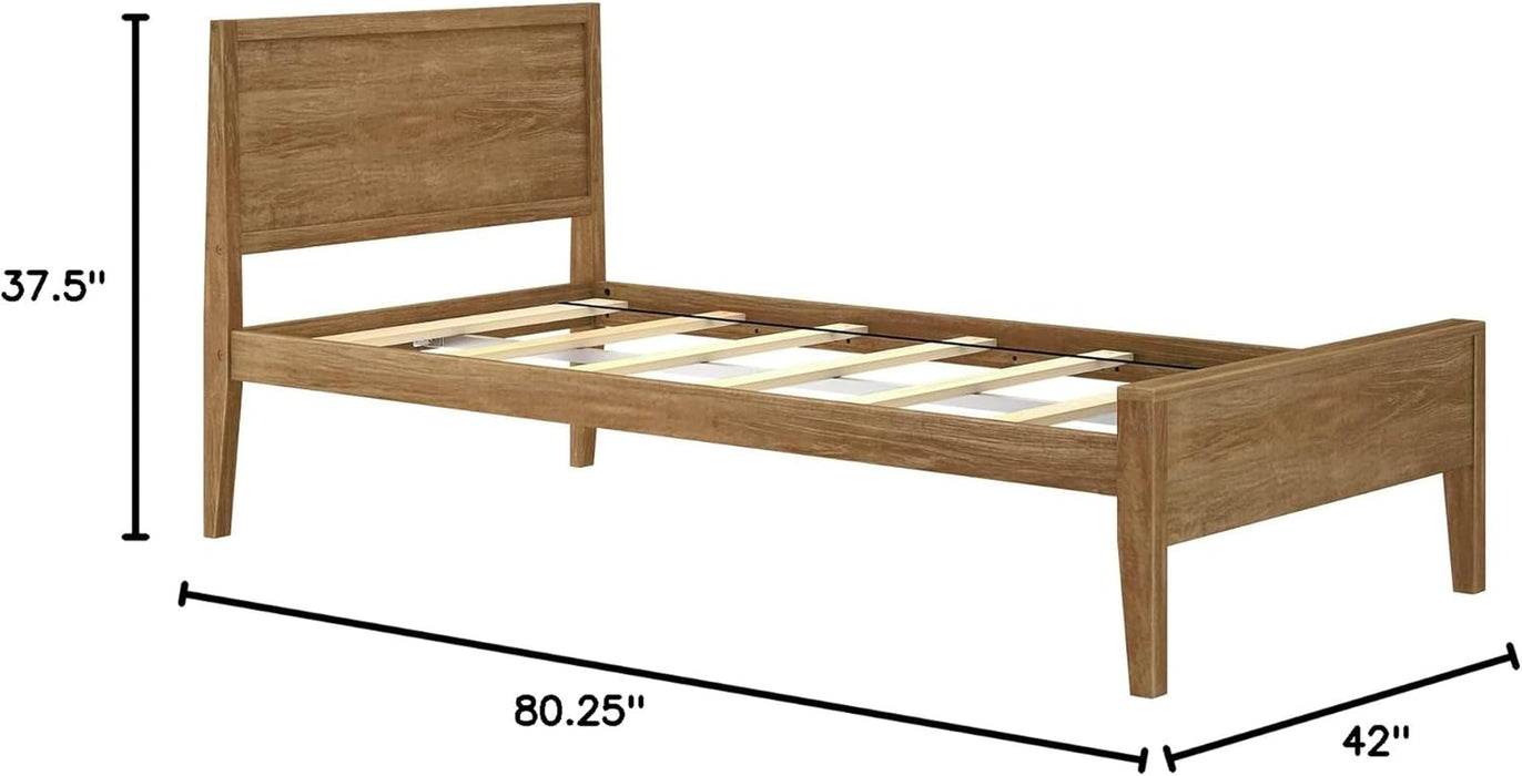 Twin Bed, Solid Wood Twin Bed Frame with Panel Headboard, Kids Twin Bed with Wood Slat Support, No Box Spring Needed, Pecan