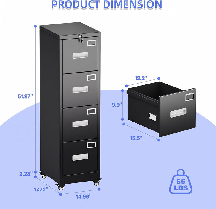 4 Drawer Metal File Cabinet with Lock, Mobile Heavy Duty Steel Filing Cabinet with Full Extension Rails, for Office Workspaces, Letter Legal Size, Black, Assembly Required