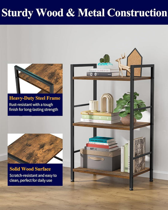 3-Tier Book Shelf - Wood & Metal Bookshelf with Handle & Adjustable Feet, Lightweight Bookcase for Living Room, Bedroom, Kitchen, Office or Dorm (16.5"×11.0"×28.1")