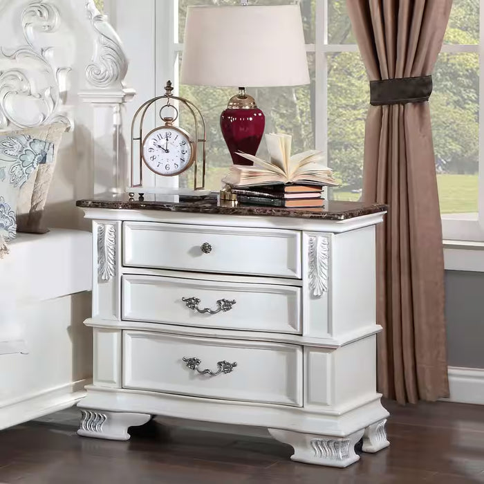 Florince 3-Piece Pearl White King Wood Bedroom Set with 2 Marble Top Nightstands