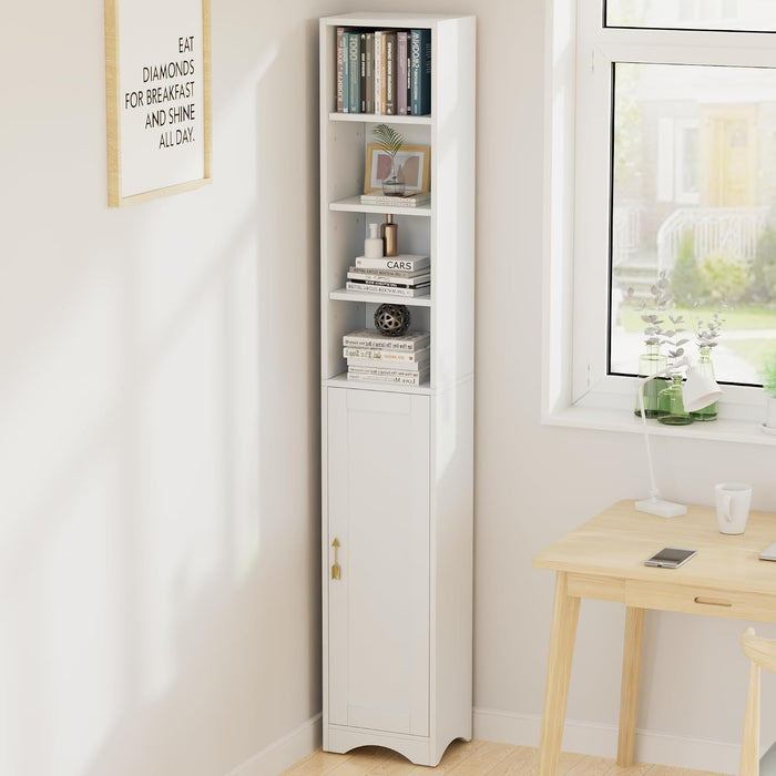 71" Tall Narrow Bookshelf with Door, 8-Tier Adjustable Shelves Bookcase, Freestanding Storage Cabinet with Raised Base for Living Room Bathroom Office, White