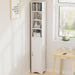 71" Tall Narrow Bookshelf with Door, 8-Tier Adjustable Shelves Bookcase, Freestanding Storage Cabinet with Raised Base for Living Room Bathroom Office, White