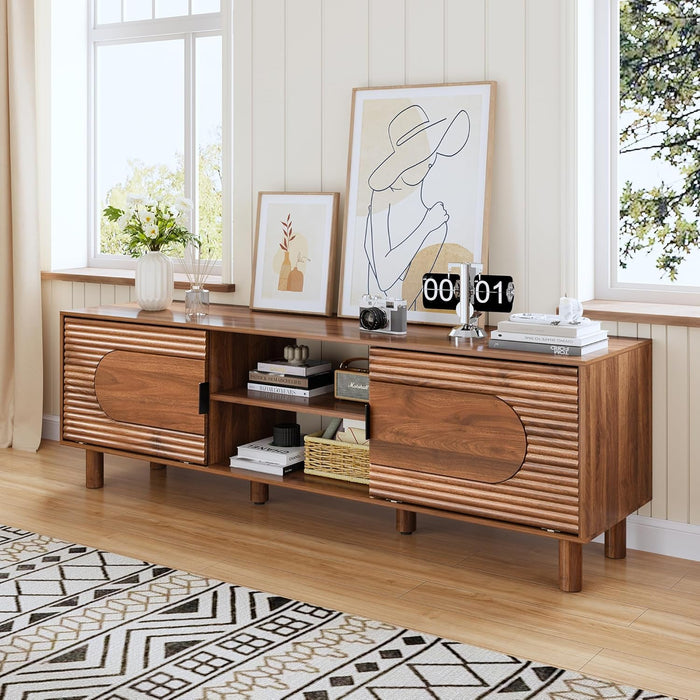 63Inch Wood TV Stand for Televisions up to 70 Inches,Mid Century Modern Entertainment Center TV Console Table with Storage and Shelf for Living Room Bedroom (Walnut)