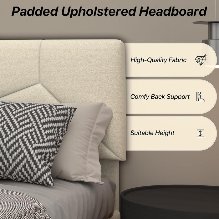 Queen Size Platform Bed Frame with Chenille Headboard, Beige
