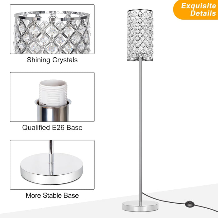 Crystal Floor Lamp, Modern Standing Lamp with Elegant Shade, LED Floor Lamp with On/Off Foot Switch Silver Finish Tall Pole Lamp Accent Lights for Living Room, Girl Bedroom, Dresser, Office (E26 Base)