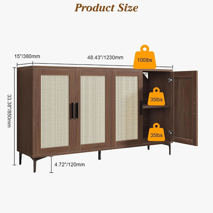 48" Rattan Buffet Cabinet with Storage, Walnut Coffee Bar Cabinet