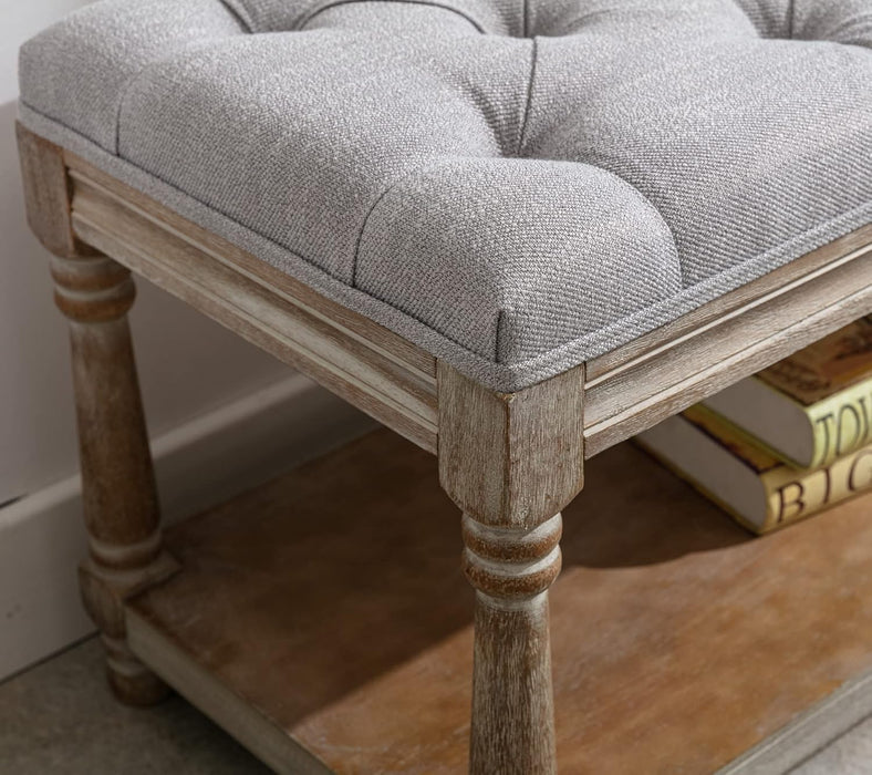 Farmhouse Tufted Storage Ottoman Bench with Shelf, 31.5" Width Linen Upholstered Entryway Shoe Ottoman Foot Stool for Bedroom Living Room Dining Room, Grey