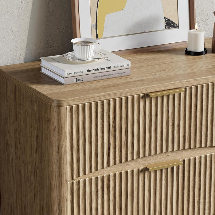 54" Curved Fluted 6-Drawer Dresser, Mid-Century Modern Natural