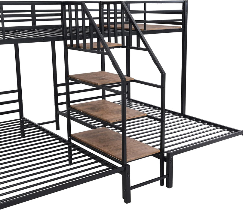 Triple Bunk Bed with Storage Stairs, Twin over Twin & Twin Bunk Bed for 3, Metal Bunk Bed with Shelves for Kids Teens Adults, No Box Spring Needed (Black)