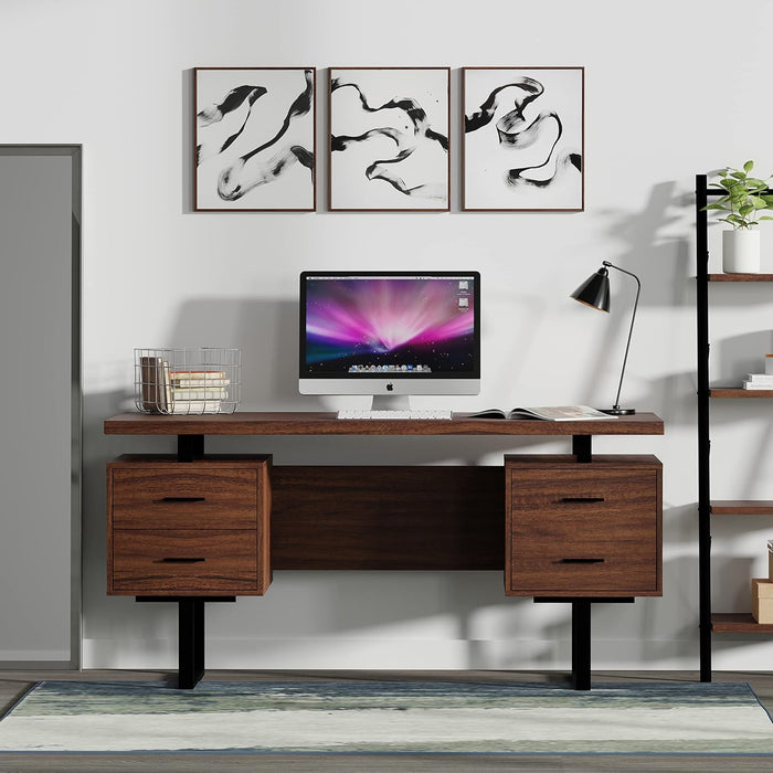 60'' Mariposa Home Office Computer Desk - Walnut Top, Walnut Base, Black Metal, Black Hardware