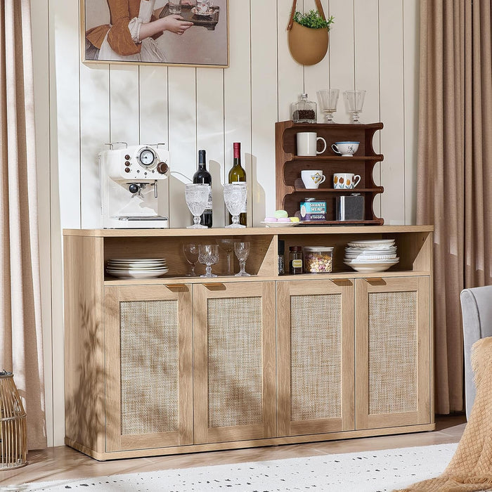 Rattan Sideboard Buffet Cabinet,55" Coffee Bar Cabinet with 4 Doors & Open Storage Shelf,Modern Credenza Console Table for Living Room Rattan Farmhouse Entryway Natural