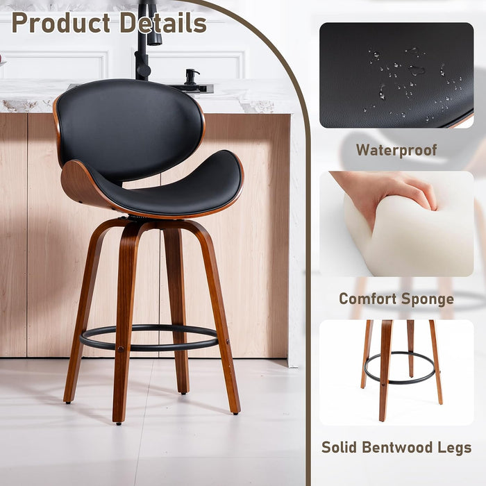Bar Stools Set of 3, 26 Inch Leather Upholstered Counter Height Bar Stools with Curved Seat and Backrest, 360° Swivel Walnut Wood Barstools for Kitchen Island, Bar, Cafe, Black