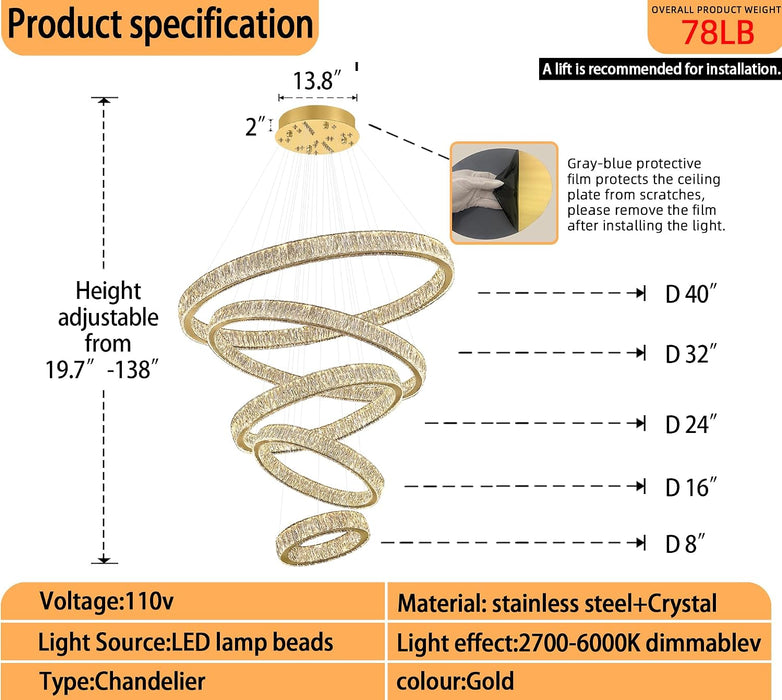Modern Gold Ring Chandelier for High Ceiling Foyer,Large Crystal Chandelier for Staircase Villa D8''+15.7"+23.6"+31.5"+39.4"