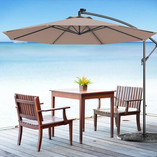 10' Hanging Solar LED Umbrella Patio Garden Sun Shade Offset Market W/Base Tan