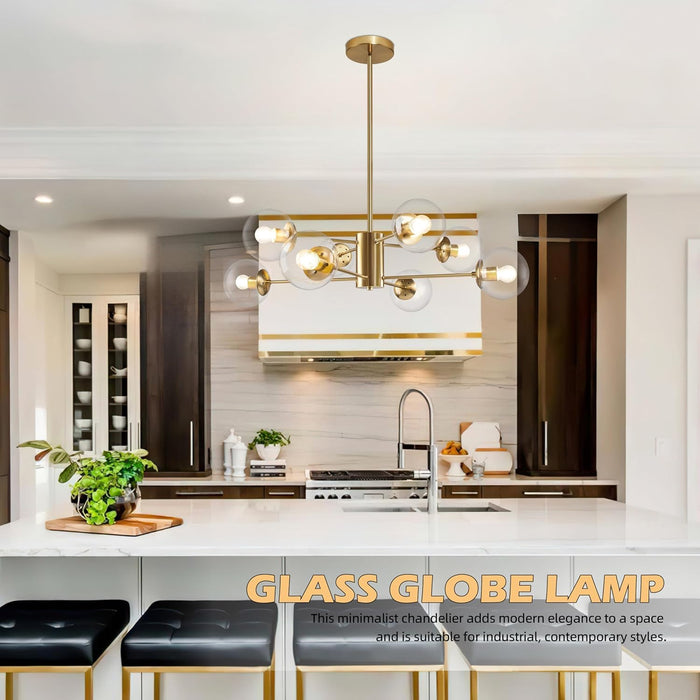 8-Light Globe Sputnik Chandelier Modern Gold Sputnik Chandelier Mid Century Globe Pendant Light Brushed Brass Finished with Clear Glass Lampshade Chandeliers for Kitchen Bedroom