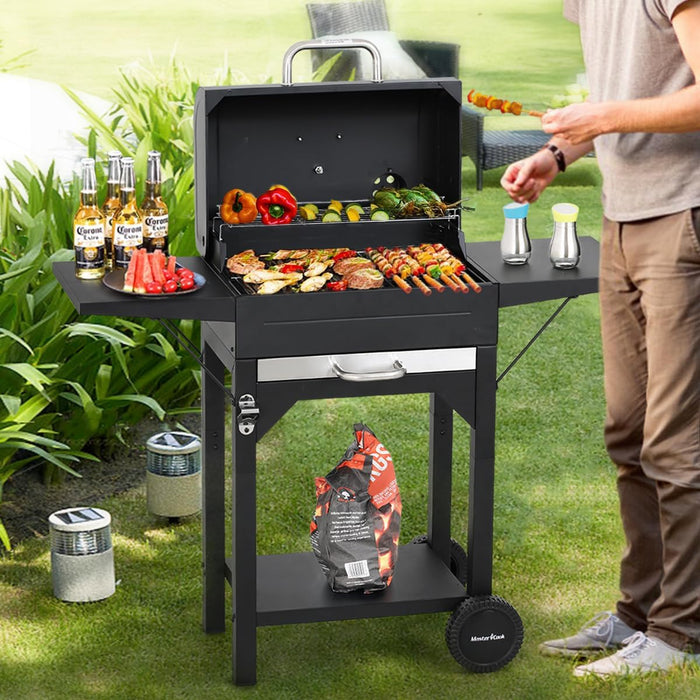 Charcoal Grills with Two Side Tables, 332 SQIN Cooking Area Outdoor Smoker Barbecue Bbq Grill for Camping, Patio,Backyard Party, Picnic, Black