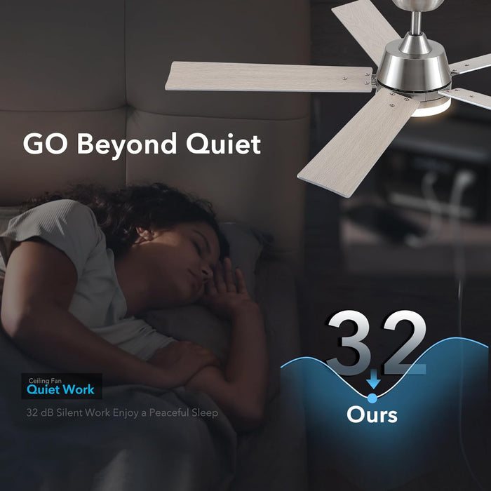 52 Inch Ceiling Fans with Lights and Remote, Brushed Nickel Ceiling Fan, 6 Speed Reversible DC Motor, 3CCT Dimmable LED, Modern Design for Bedroom, Living Room & Covered Outdoor,Includes Downrod