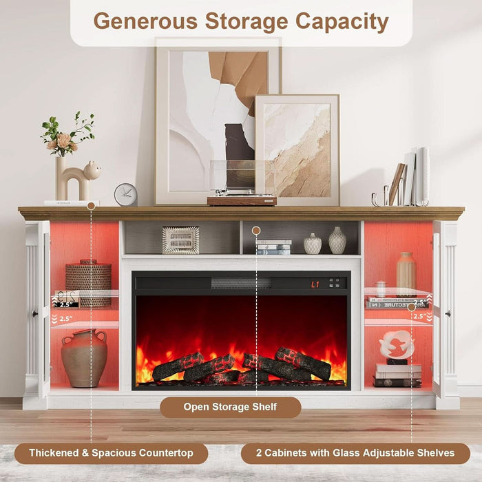 Farmhouse Fireplace TV Stand up to 80" Tvs, 70" Modern Highboy Entertainment Center with 36" Electric Fireplace & LED Lights, Media Console with Adjustable Shelves for Living Room, Antique White