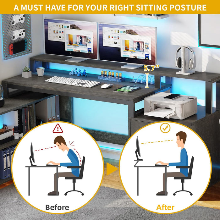 L Shaped Desk with Drawers, 65" Computer Desk with Power Outlets & LED Lights, Corner Home Office Desk with Storage Shelves & Printer Stand, Grey