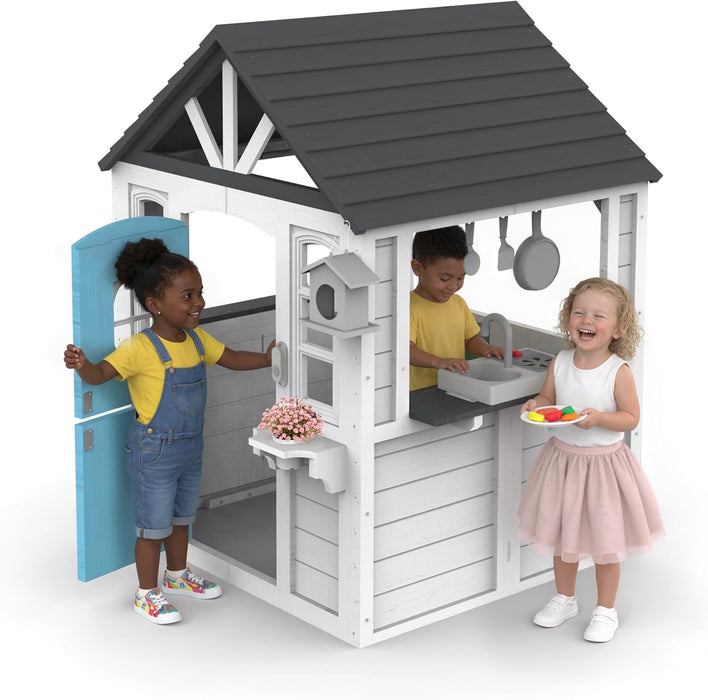 Kids Playhouse – Outdoor & Indoor Playset, Modern White Cedar Wooden Playhouse for Ages 3–8 with Split Dutch Door, Functional Kitchen Set (Includes Stove, Sink), Interactive Doorbell (White)