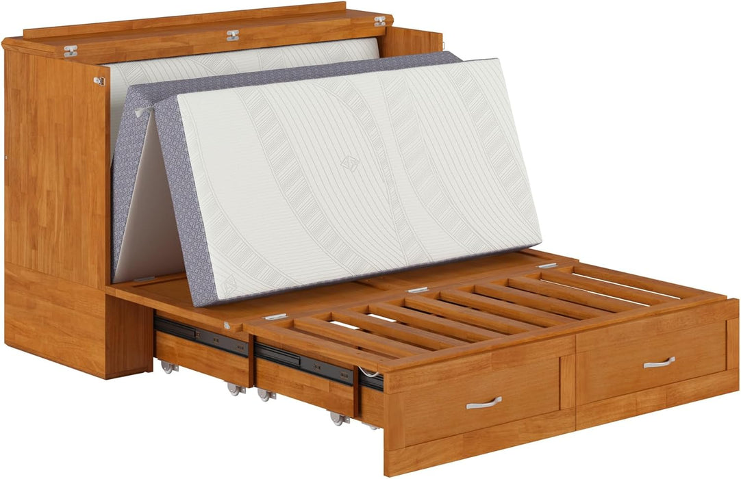 Hamilton Full Murphy Bed Chest with Mattress, Storage, and Built-In Charger in Light Toffee