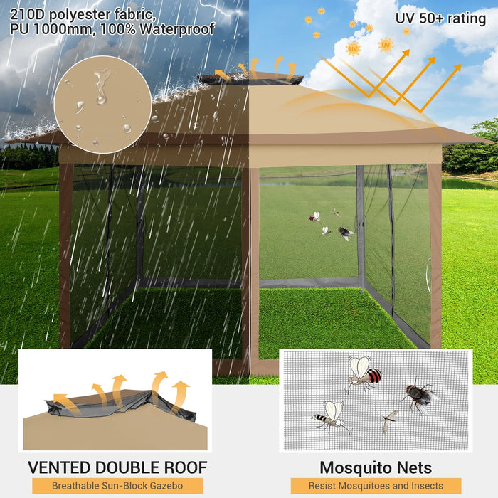 12X12Ft Outdoor Gazebo Pop up Gazebo with Mosquito Netting, Instant Patio Canopy Tent for Shade and Rain, 2 Tiered Vente Gazebo Canopy UPF 50+ for Garden Backyard with Carry Bag&4 Sandbags