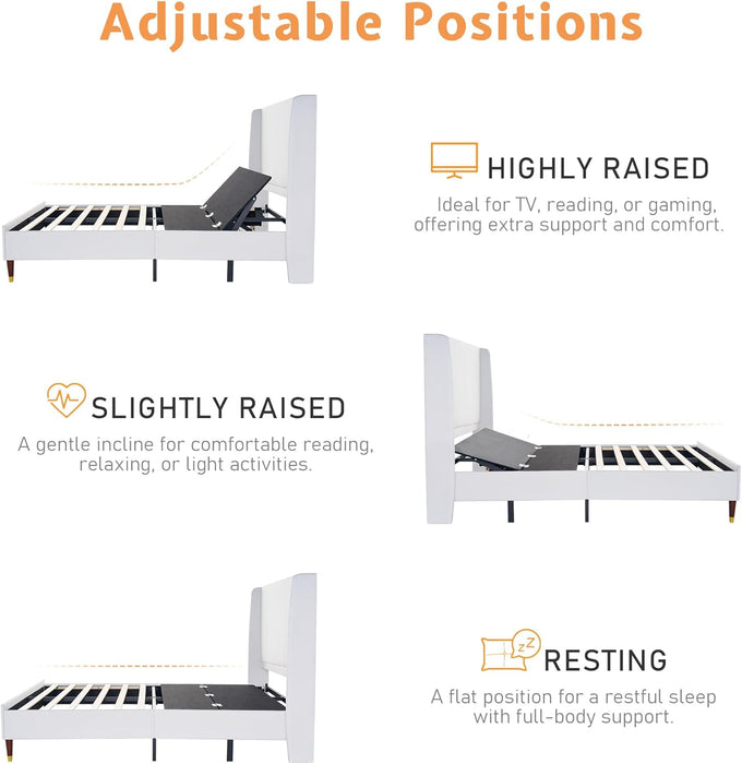 Adjustable Bed Frame Full Size with 50" Upholstered Wingback Headboard, Reclining Base for Daily Recovery and Comfort, No Box Spring Needed, Easy Assembly,White