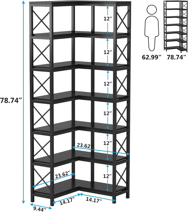 7-Shelf Corner Bookshelf,Large Modern Corner Bookcase, 7-Tier Tall Corner Shelf Storage Display Rack with Metal Frame for Living Room Home Office (Black)