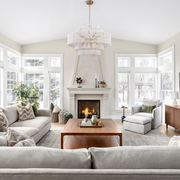 28.7In Large Coastal Chandelier White Rattan Light for Living Room