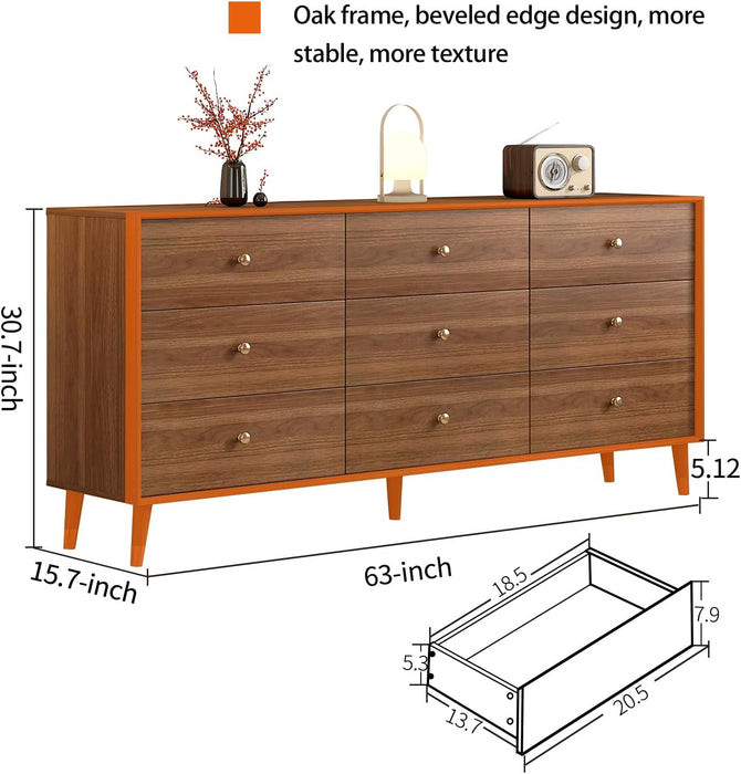 Mid Century Modern 9-Drawer Dresser, 63 Inch Wide Solid Wood Frame Chest, Walnut Finish, Beveled Design, Heavy-Duty Drawer Glides, Storage Cabinet for Bedroom, Living Room, TV Stand
