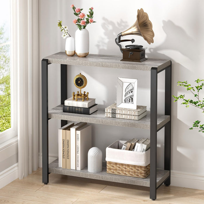 3 Tier Bookshelf, Industrial Wood and Metal Book Shelf and Bookcase, Short Book Case for Office Living Room Bedroom, Light Grey