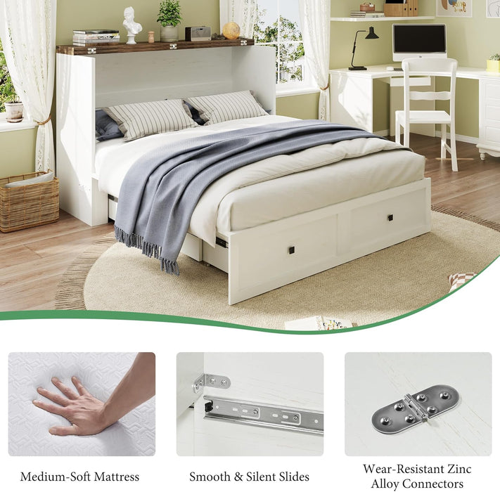 Queen Murphy Bed Cabinet with 6" Tri-Fold Memory Foam Mattress, Storage Drawer & Charging Station, Space-Saving Guest Bed for Home Office, Distressed White