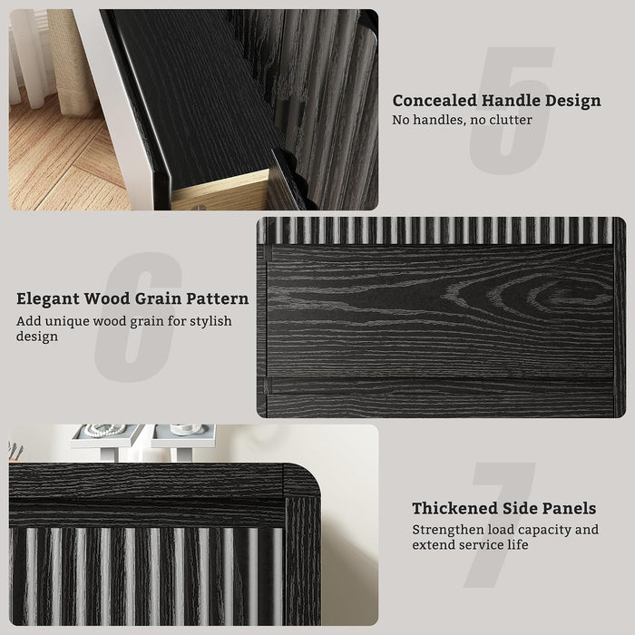 Black Fluted 8 Drawer Dresser for Bedroom, Curved Edge, 50" Wide