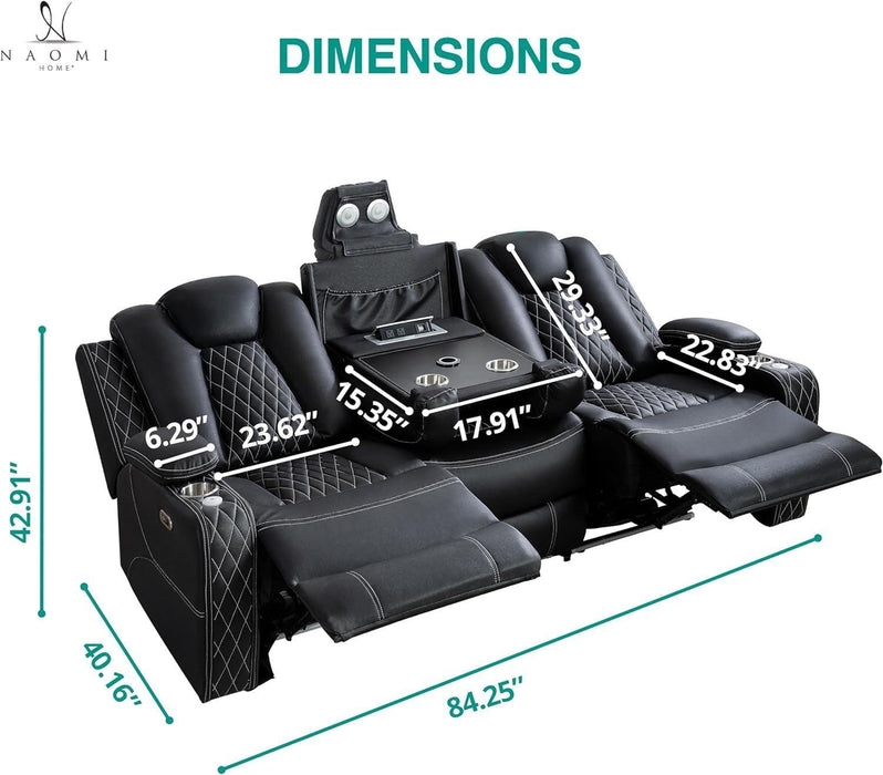 Living Room Furniture Set, Power Reclining Sofa Set, Air Leather Recliners with Built-In USB Ports and Storage Console, LED Reclining Couch Set for Living Room (Black, Sofa and Chair)