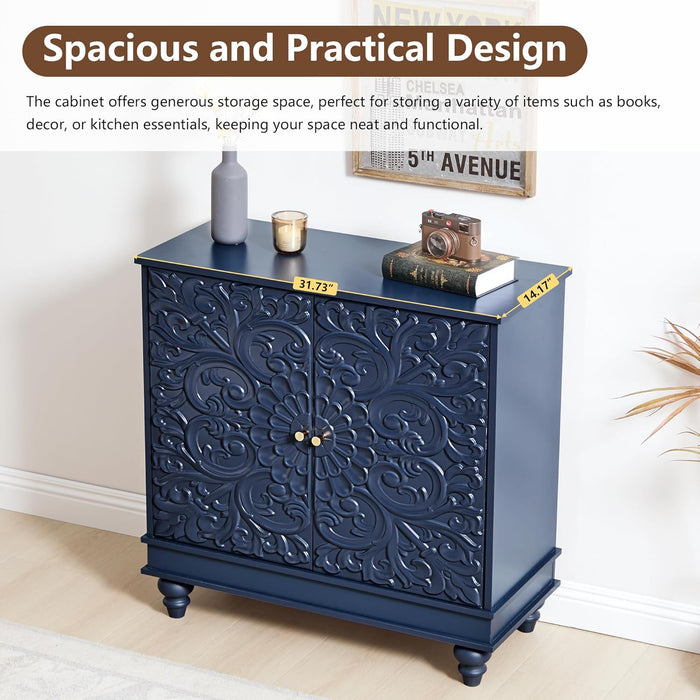 Accent Cabinet with 2 Doors, Luxury Carving Board Storage Sideboard with Adjustable Shelves, Buffet Cabinet Entryway Table for Living Room (Midnight Blue)