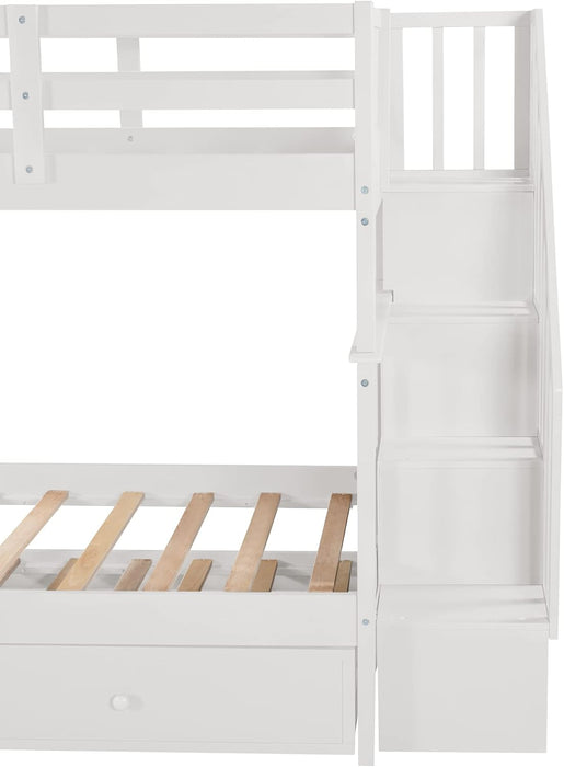 Twin over Twin Bunk Bed with Stairs and Trundle, Solid Wood Stairway Bunk Bed Frame with Storage, for Kids Teens Adults – White