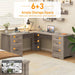 Farmhouse Home Office Desk with 6 Drawers, L Shaped Executive Desk with Power Outlets and Triangle Under-Desk Storage Shelf & Drawer File Cabinet, Corner Computer Desk, Grey