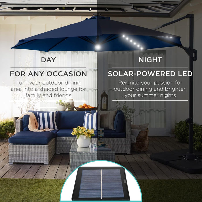 10Ft Solar LED Cantilever Patio Umbrella, 360-Degree Rotation Hanging Offset Market Outdoor Sun Shade for Backyard, Deck, Poolside W/Lights, Easy Tilt, Cross Base - Navy Blue