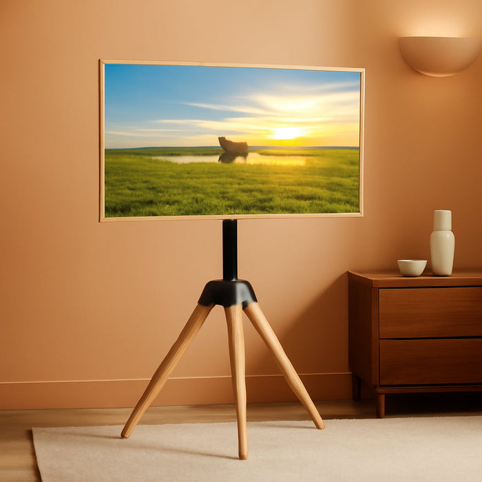 Wood Easel TV Stand for 32 to 65 Inch LCD LED OLED Screen, 25°Swivel Tripod TV Mount Portable Height Adjustable TV Floor Stand for Studio, Office, Bedroom Living Room, VESA 600X400Mm