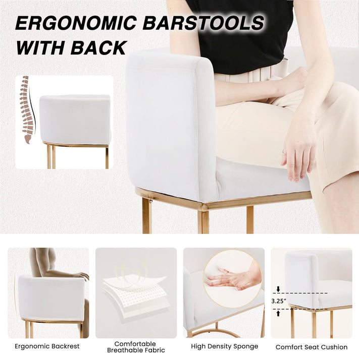 Modern Barrel Counter Height Clearance Bar Stools Set of 2, 24 Inch Velvet Kitchen Barstools with Back for Island, with Gold Metal Tubular Frame, Ivory
